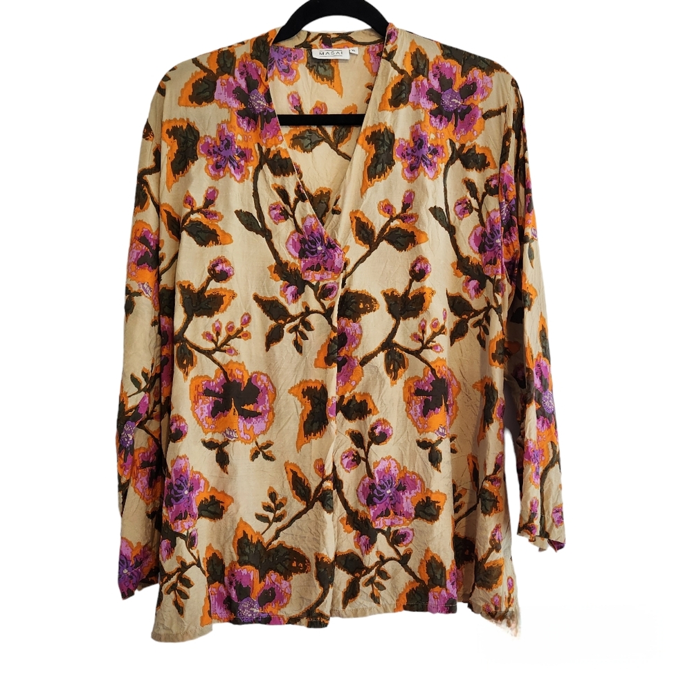 Mosai Floral Blouse Long Sleeve Crinkle Fabric with Back Slit, size XL